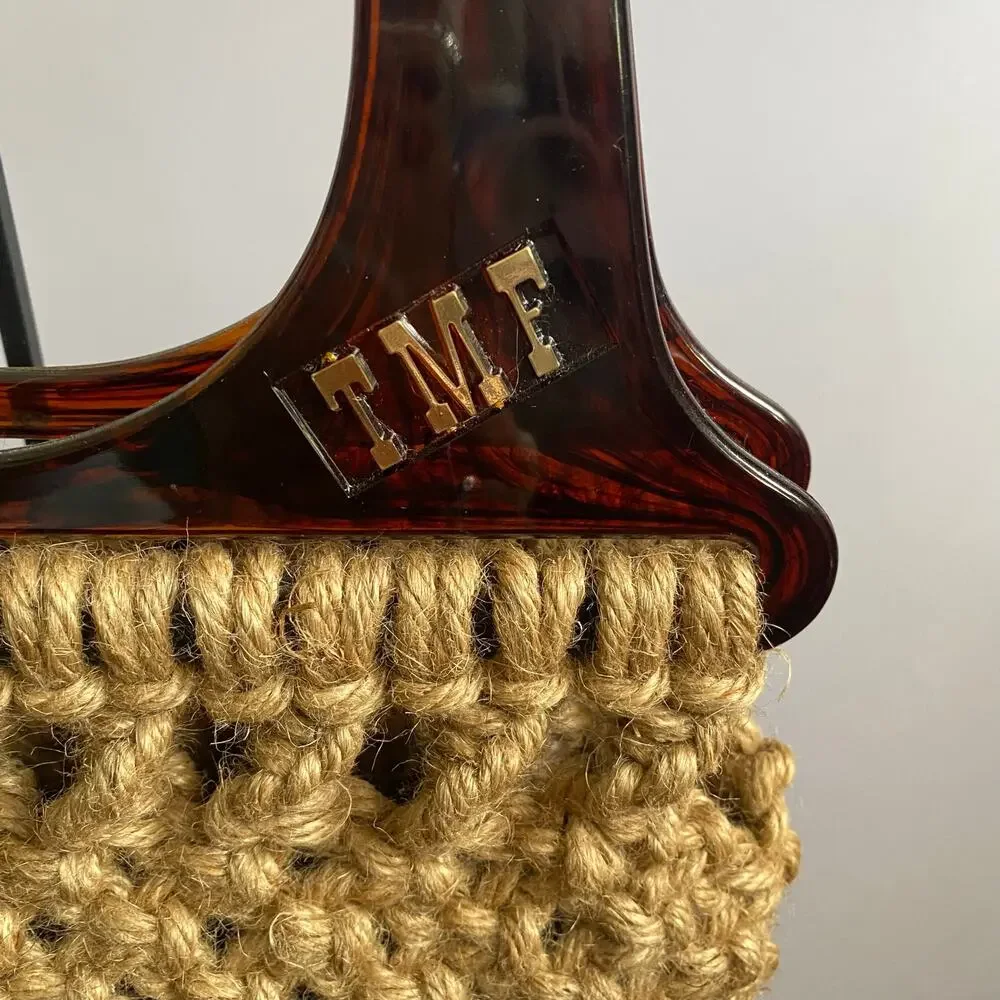 Vintage Macrame Beige Woven Handbag With Bakelite Lucite Handles Handmade Boho